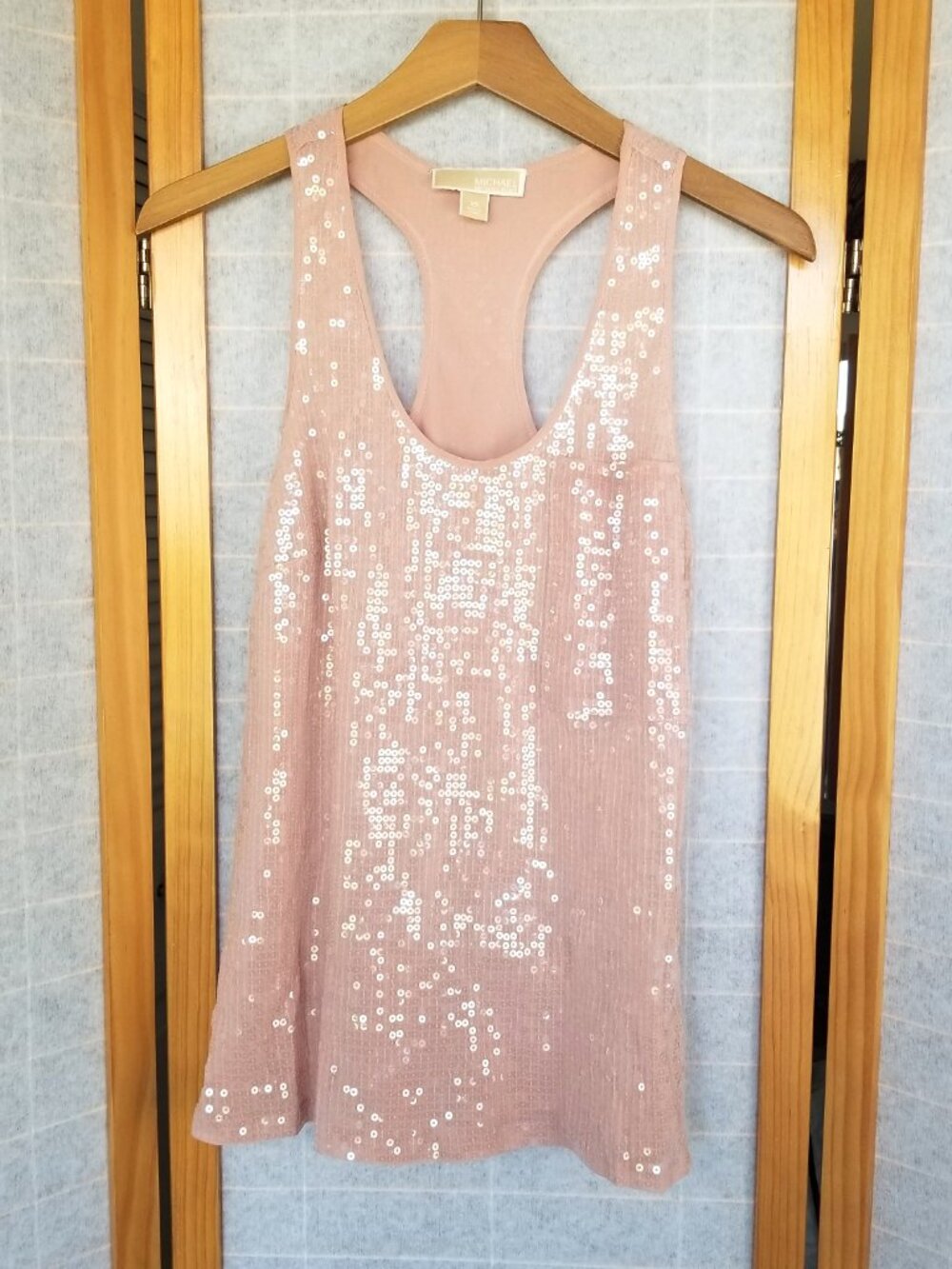 Sequin Tank Top Silk Peach Racerback Y2K Disco Michael Kors Size XS EUC